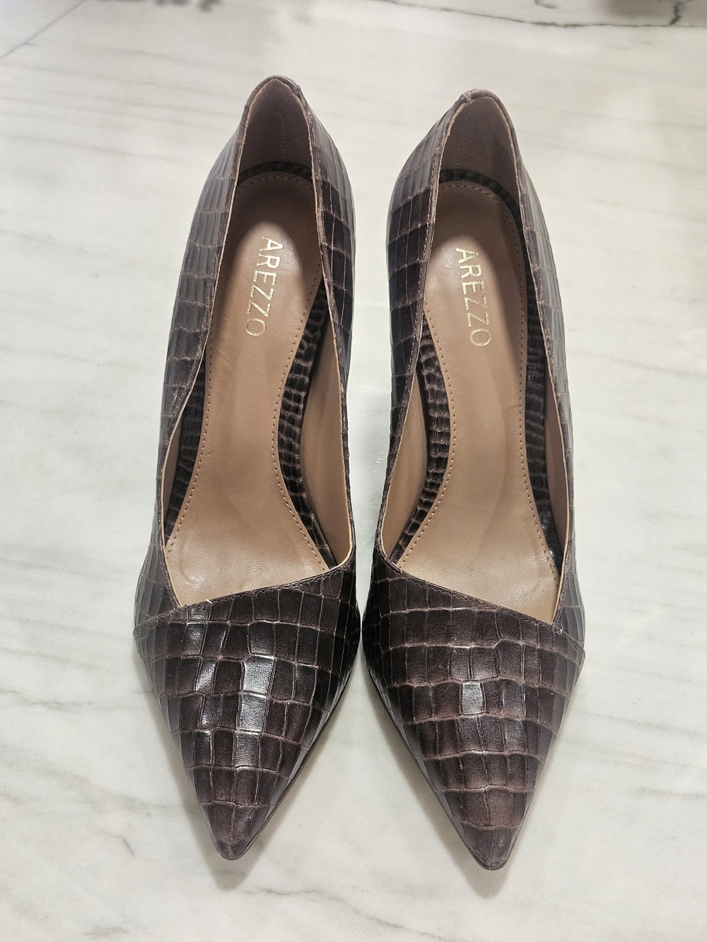 Arezzo Brown Croc-Embossed Goatskin Leather Pointed-Toe 3.5" Stiletto Pumps